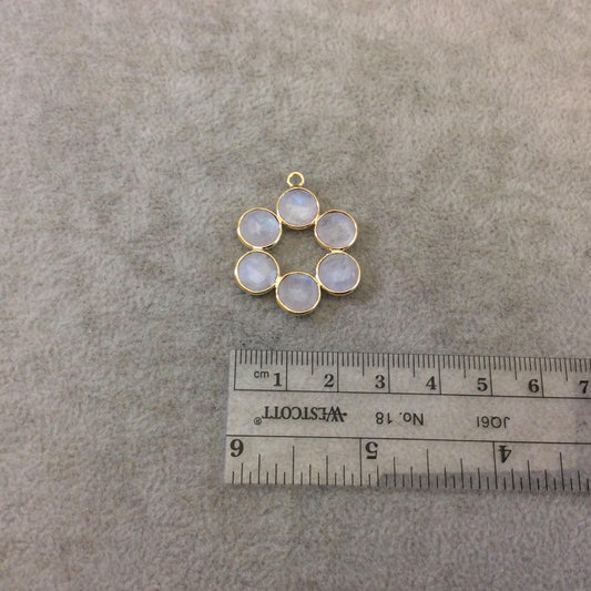 26mm Gold Finish Faceted Natural Rainbow Moonstone 6 Petal (8mm) Flower Shaped Plated Copper Bezel Pendant - Sold Individually, Random