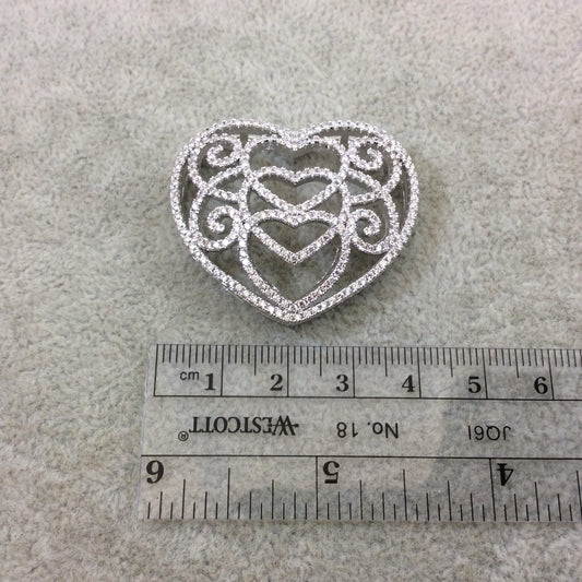 Silver Plated CZ Cubic Zirconia Heart Shaped Copper Slider - Measures 35mmx40mm, Approx.  - Sold Individually, RANDOM