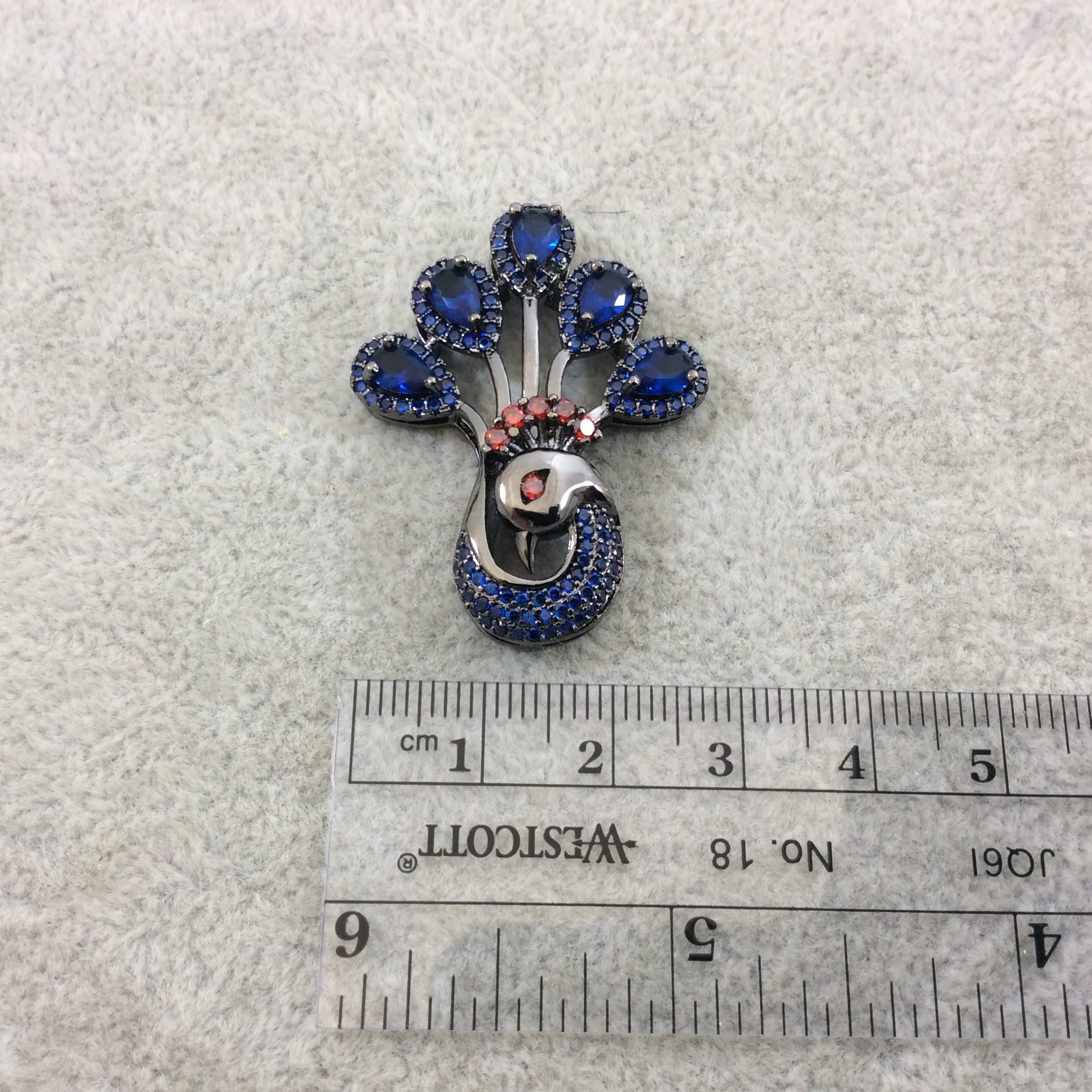 Gunmetal Plated CZ Cubic Zirconia Inlaid Blue/Red Peacock Shaped Copper Slider - Measures 30mm x 38mm, Approx. - Sold Individually, RANDOM