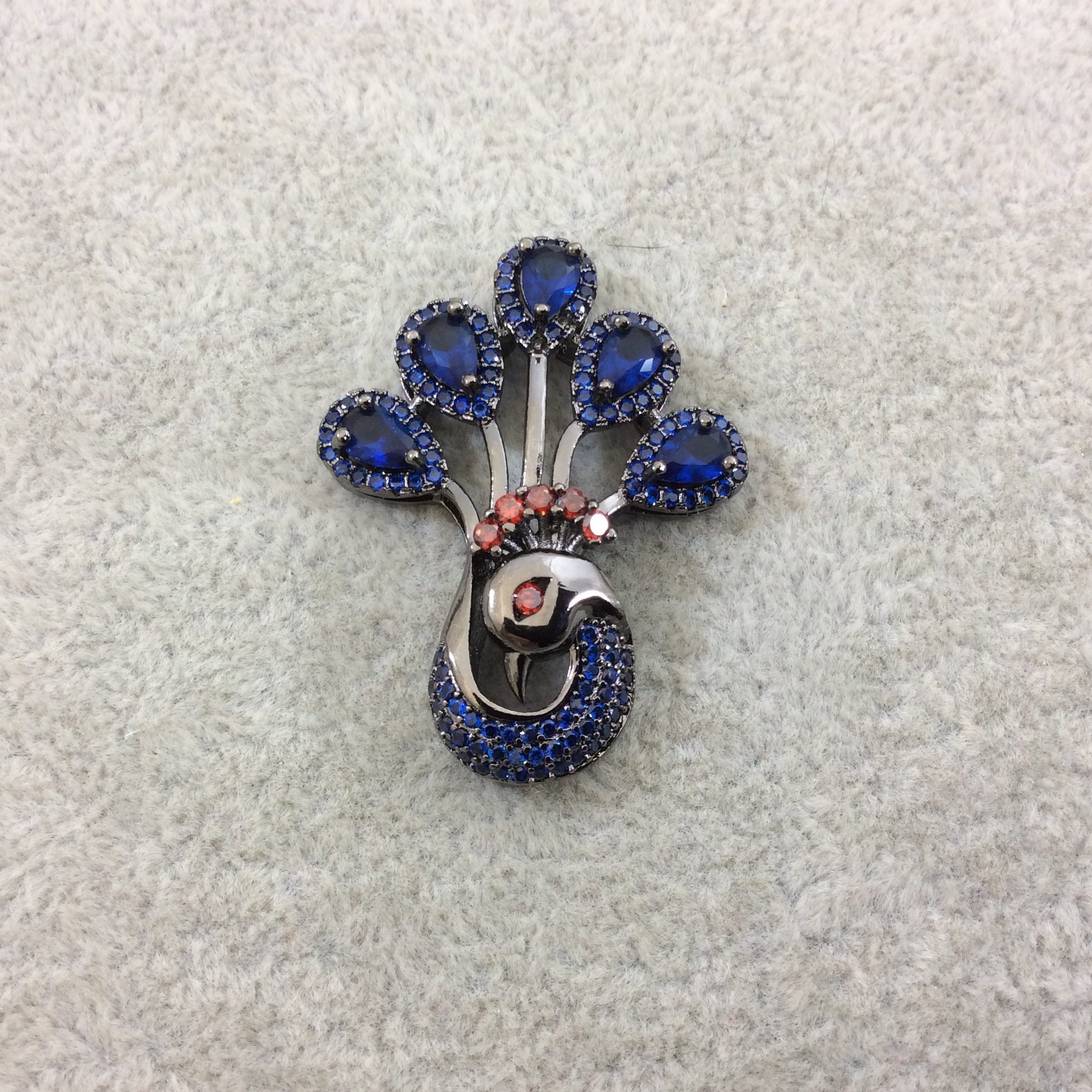 Gunmetal Plated CZ Cubic Zirconia Inlaid Blue/Red Peacock Shaped Copper Slider - Measures 30mm x 38mm, Approx. - Sold Individually, RANDOM