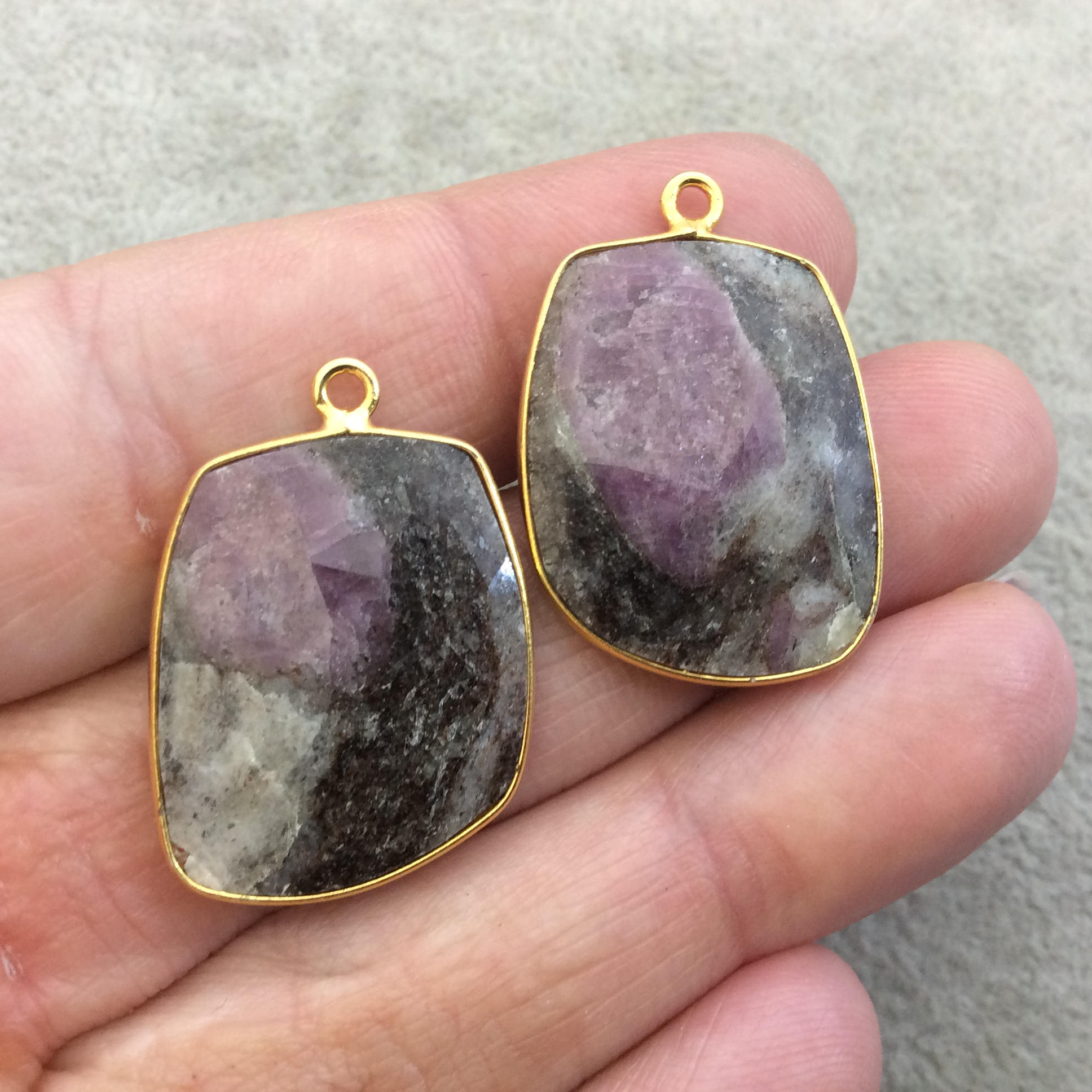 One Pair of OOAK Gold Finish Faceted Ruby in Feldspar Freeform Shaped Bezel Pendants "RP6"- Measuring 20mm x 24mm - Natural Gemstone
