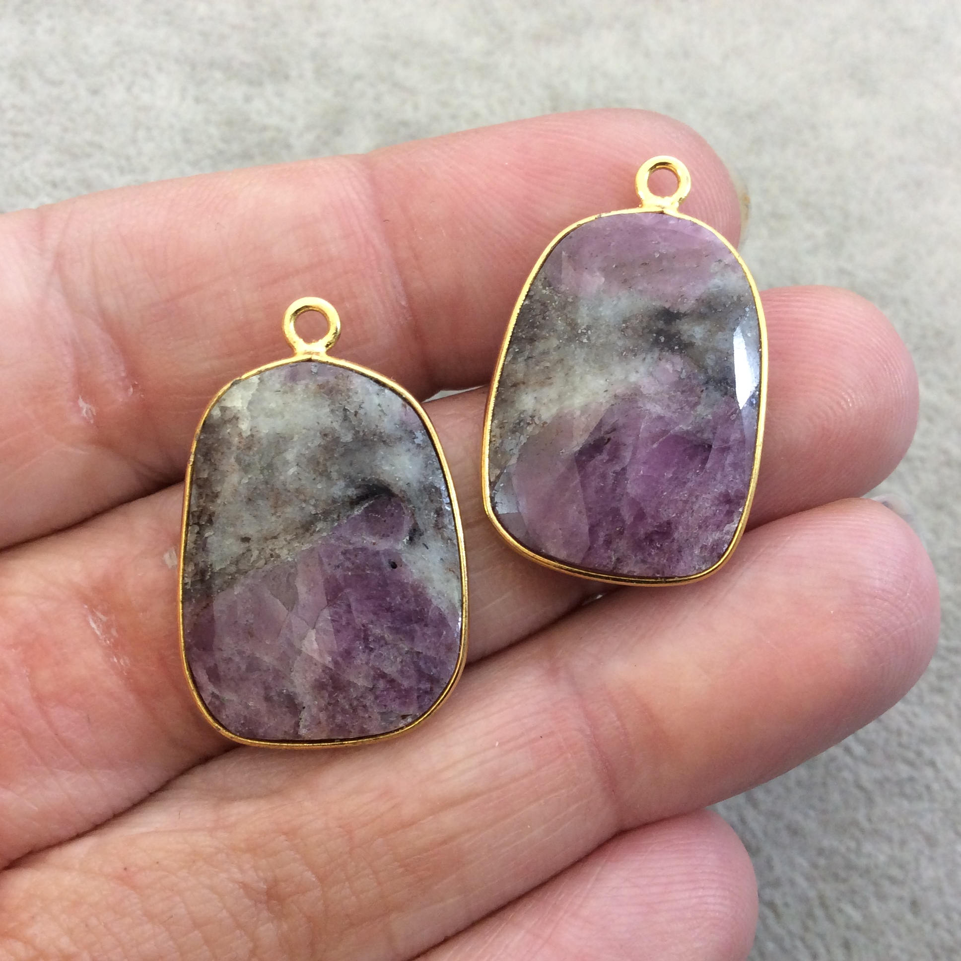 One Pair of OOAK Gold Finish Faceted Ruby in Feldspar Freeform Shaped Bezel Pendants "RP9"- Measuring 17mm x 23mm - Natural Gemstone