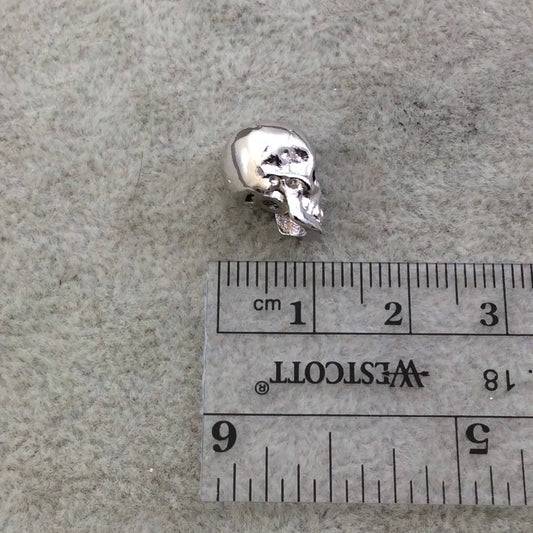 Silver Plated CZ Cubic Zirconia Inlaid Skull Shaped Bead Black Eyes - Measures 10mmx13mm, Approx. - Sold Individually, RANDOM