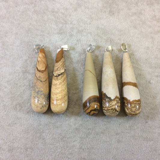 Single Natural Picture Jasper Teardrop/Pear Shaped Pendant W/ Silver Bail - Two Styles ~ 15mm x 50-55mm, Approx. - Sold Individually, Random