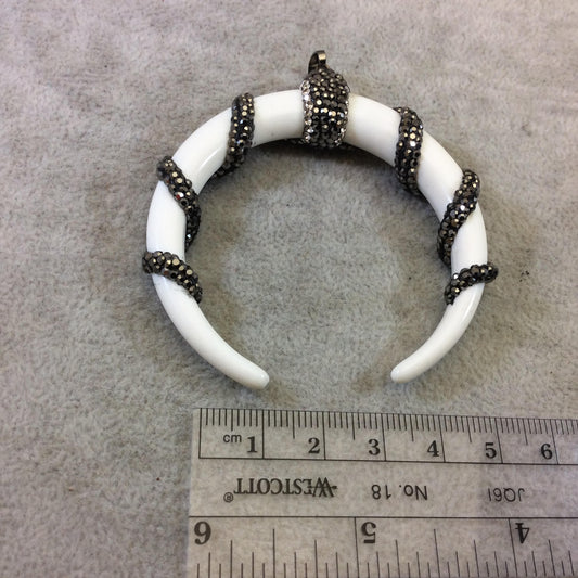 2.5" White/Ivory Double Ended Crescent Shaped Acrylic Resin Pendant w/ Gunmetal and Black Rhinestone Spiral/Bail ~ 60mm x 60mm - Sold Indiv.