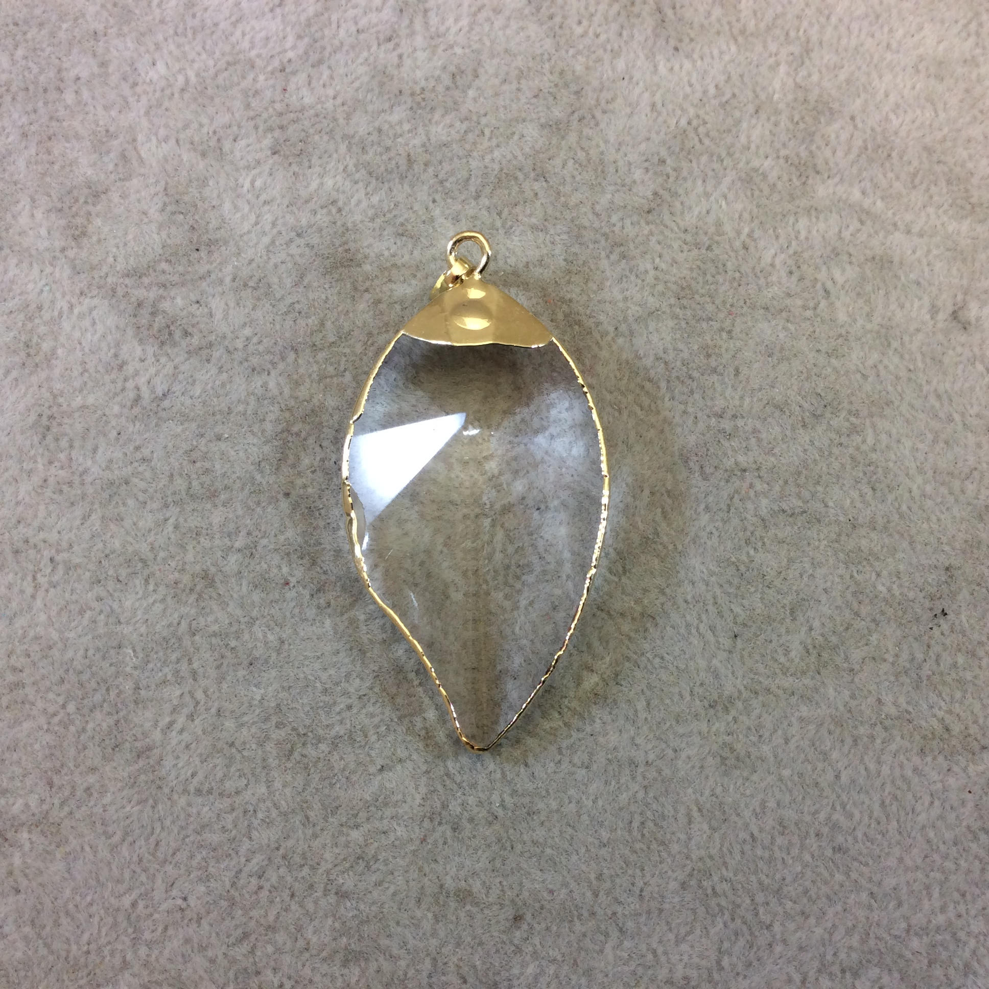 Gold Electroplated Starburst Faceted Glass Clear/Transparent Crystal Leaf Pendant With Bail - Measuring 27mm x 50mm - Sold Individually