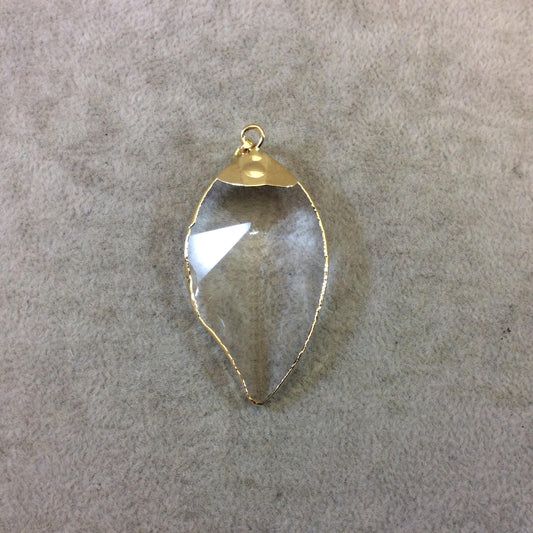 Gold Electroplated Starburst Faceted Glass Clear/Transparent Crystal Leaf Pendant With Bail - Measuring 27mm x 50mm - Sold Individually