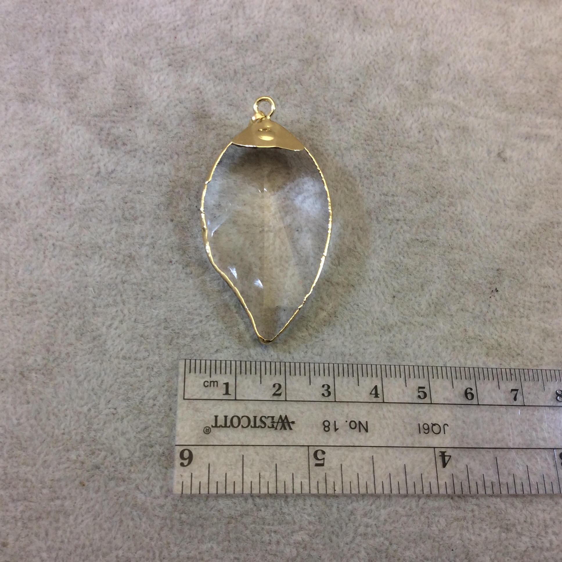 Gold Electroplated Starburst Faceted Glass Clear/Transparent Crystal Leaf Pendant With Bail - Measuring 27mm x 50mm - Sold Individually
