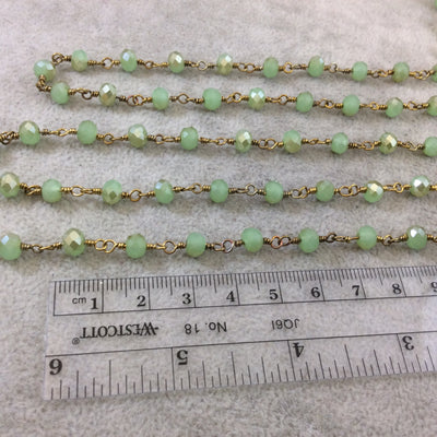 Gold Plated Copper Wrapped Rosary Chain with 6mm Faceted Opaque Pale Green Glass Crystal Rondelle Beads - Sold by the Foot (RC46-122-GD)