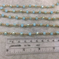 Gold Plated Copper Wrapped Rosary Chain with 6mm Faceted Opaque AB Aqua & Gold Glass Crystal Rondelle Beads - Sold by the Foot (RC46-123-GD)
