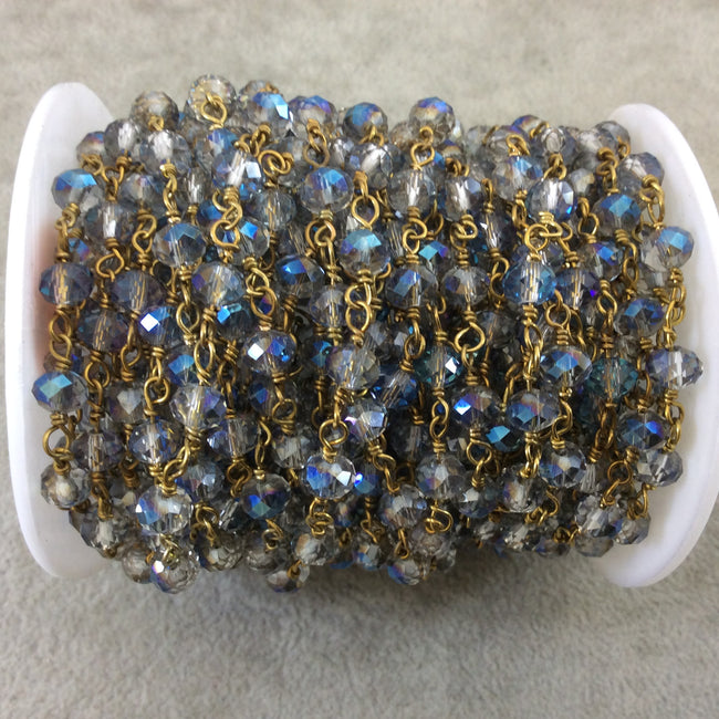 Gold Plated Copper Wrapped Rosary Chain with 6mm Faceted Trans. Blue & Gray Glass Crystal Rondelle Beads - Sold by the Foot (RC46-096-GD)