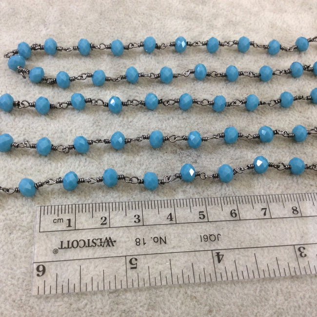 Gunmetal Plated Copper Wrapped Rosary Chain with 6mm Faceted Opaque Dk. Turquoise Glass Crystal Rondelle Beads - By the Foot (RC46-056B-GM)