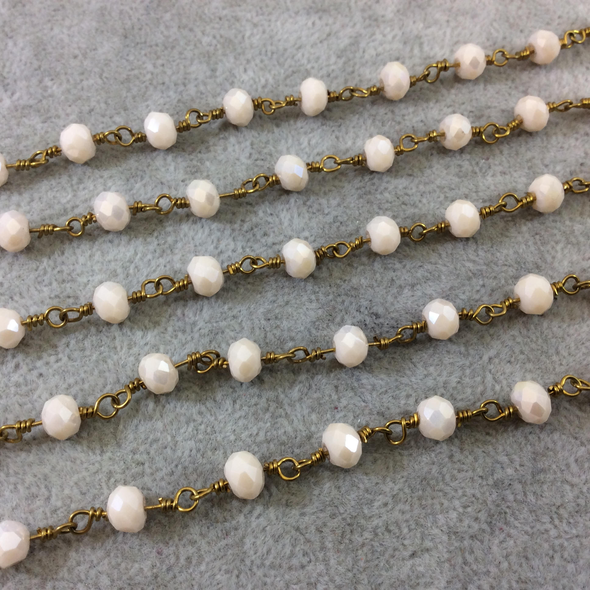 Dark Gold Plated Copper Wrapped Rosary Chain with 6mm Faceted Opaque AB Pale Peach Glass Crystal Rondelle Beads  By the Foot (RC46-066AB-DG)