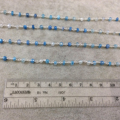 Silver Plated Copper Rosary Chain with Faceted 3-4mm Rondelle Shaped Mystic Coated Mixed Blue/White Moonstone Beads - Sold Per Ft - CH142-SV