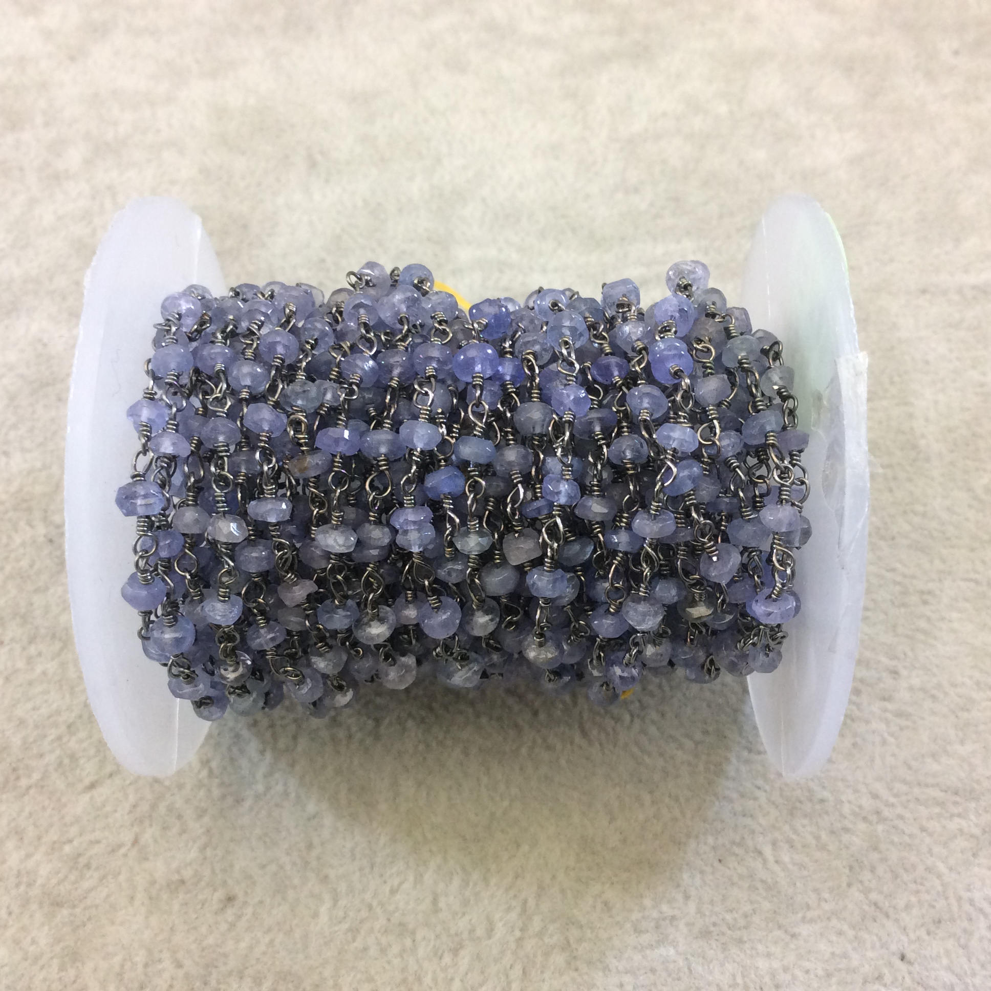 Gunmetal Plated Copper Rosary Chain with Faceted 3-4mm Rondelle Shaped Mystic Coated Medium Blue Moonstone Beads - Sold Per Ft - CH143-GM