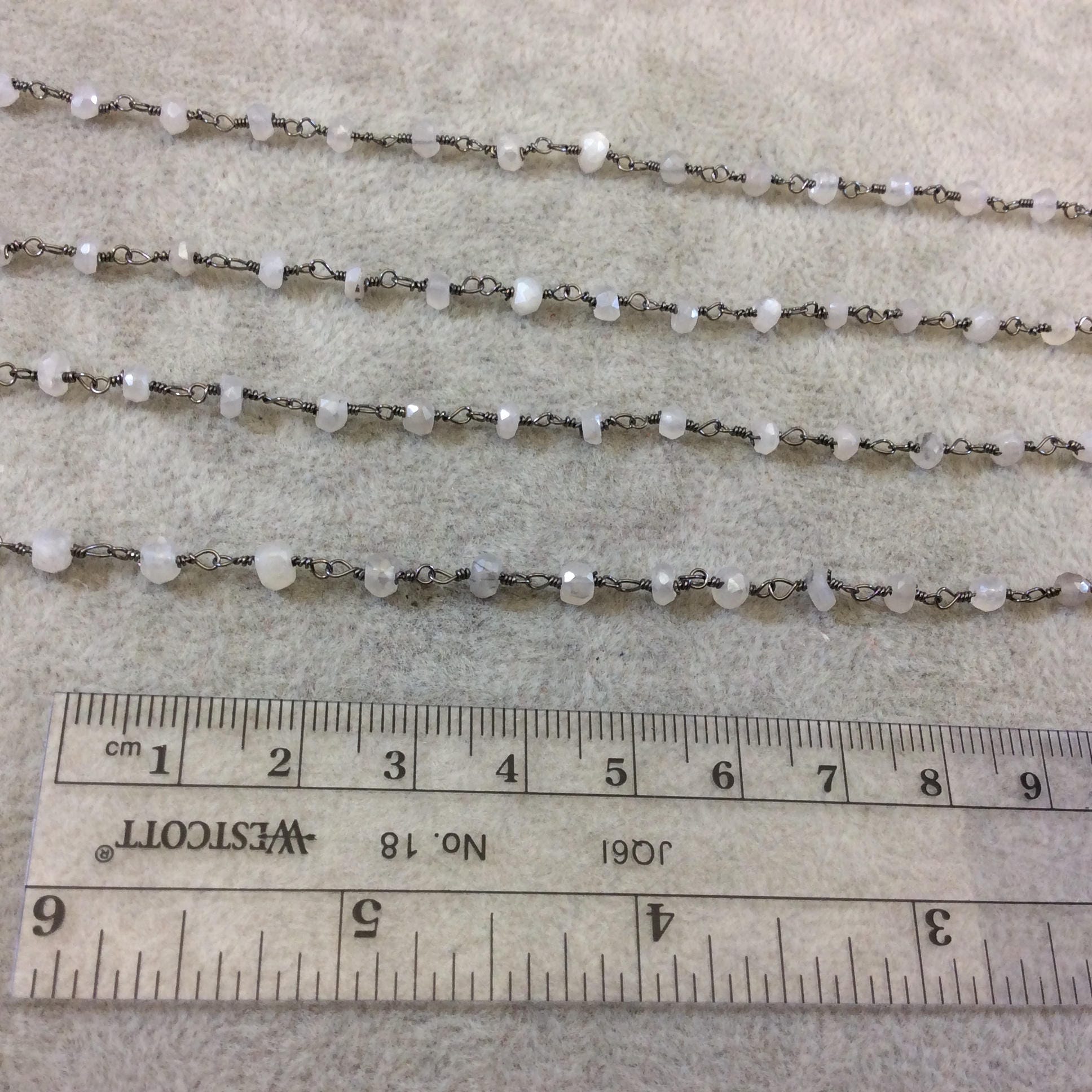 Gunmetal Plated Copper Rosary Chain with Faceted 3-4mm Rondelle Shaped Mystic Coated Gray/White Moonstone Beads - Sold Per Ft - CH147-GM