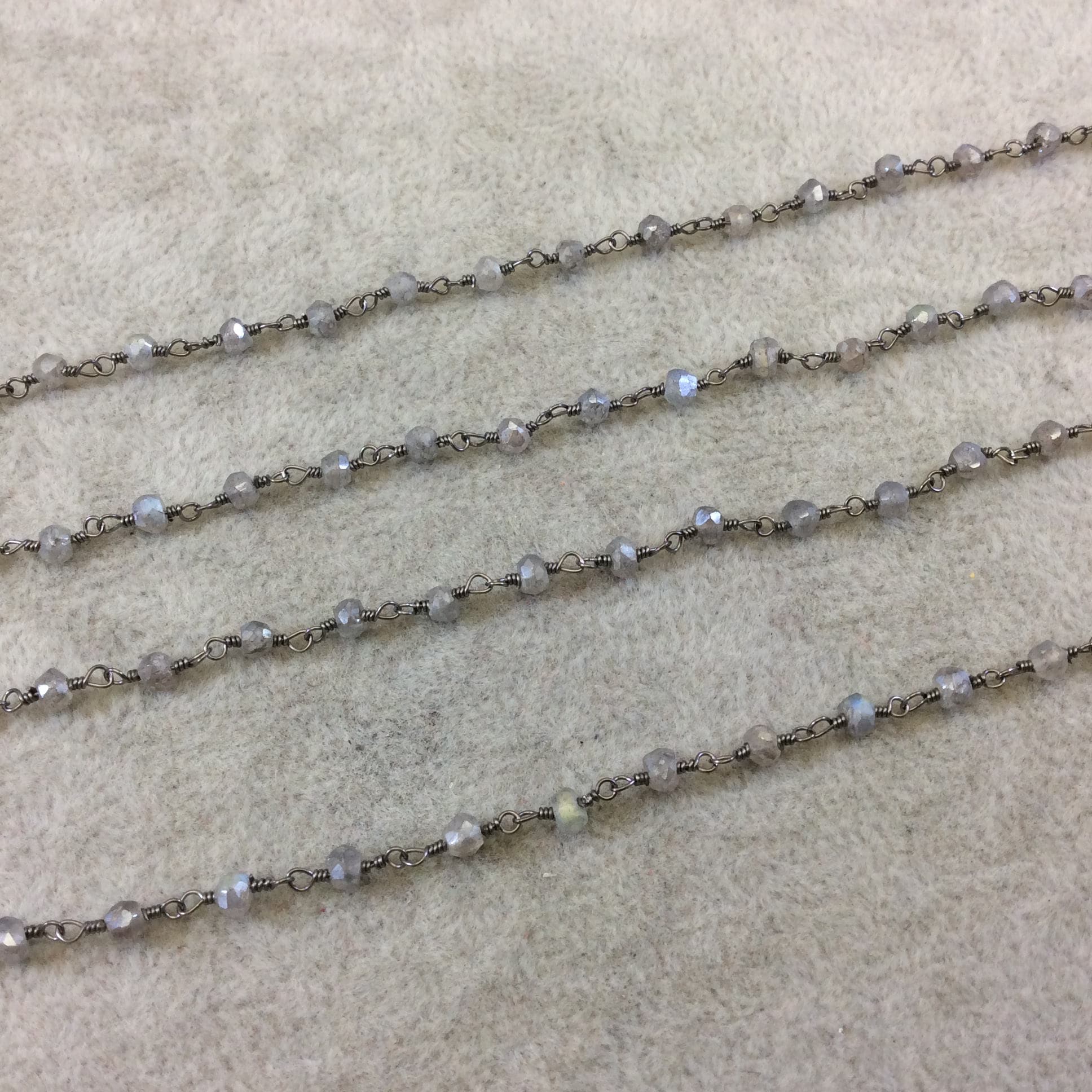Gunmetal Plated Copper Rosary Chain with 3-4mm Rondelle Shaped Mystic Coated Gray Labradorite Beads - Sold by the Foot! (CH148-GM)