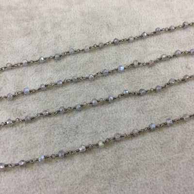 Gunmetal Plated Copper Rosary Chain with 3-4mm Rondelle Shaped Mystic Coated Gray Labradorite Beads - Sold by the Foot! (CH148-GM)