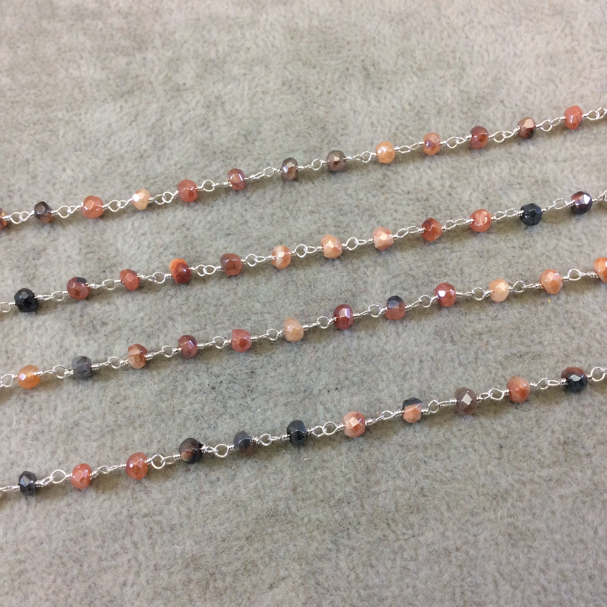 Silver Plated Copper Rosary Chain with Faceted 3-4mm Rondelle Shaped Mystic Coated Peach/Gray Carnelian Beads - Sold by the Foot (CH149-SV)