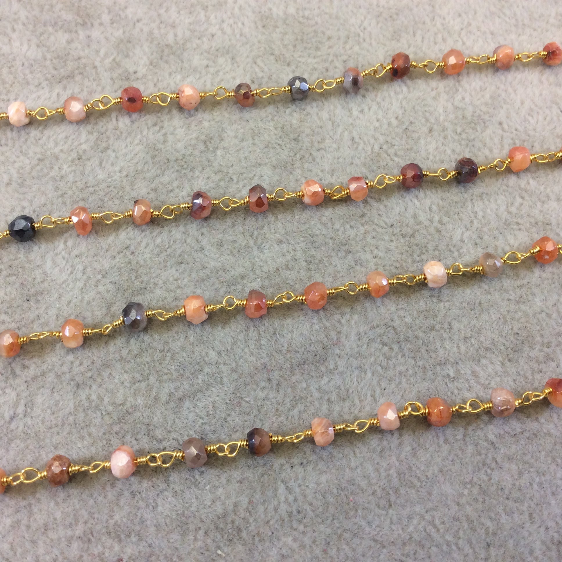 Gold Plated Copper Rosary Chain with Faceted 3-4mm Rondelle Shaped Mystic Coated Peach/Gray Carnelian Beads - Sold by the Foot (CH149-GD)
