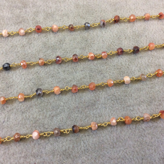 Gold Plated Copper Rosary Chain with Faceted 3-4mm Rondelle Shaped Mystic Coated Peach/Gray Carnelian Beads - Sold by the Foot (CH149-GD)