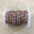 Silver Plated Copper Rosary Chain with Faceted 3-4mm Rondelle Shaped Mystic Coated Pink Red Garnet Beads - Sold Per Foot (CH150-SV)