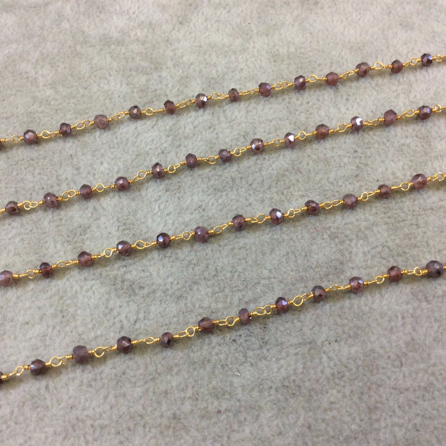 Gold Plated Copper Rosary Chain with Faceted 3-4mm Rondelle Shaped Mystic Coated Pink Red Garnet Beads - Sold Per Foot (CH150-GD)