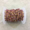 Gold Plated Copper Rosary Chain with Faceted 3-4mm Rondelle Shape Mystic Coated Magenta Quartz Beads - Sold by the Foot (CH153-GD)