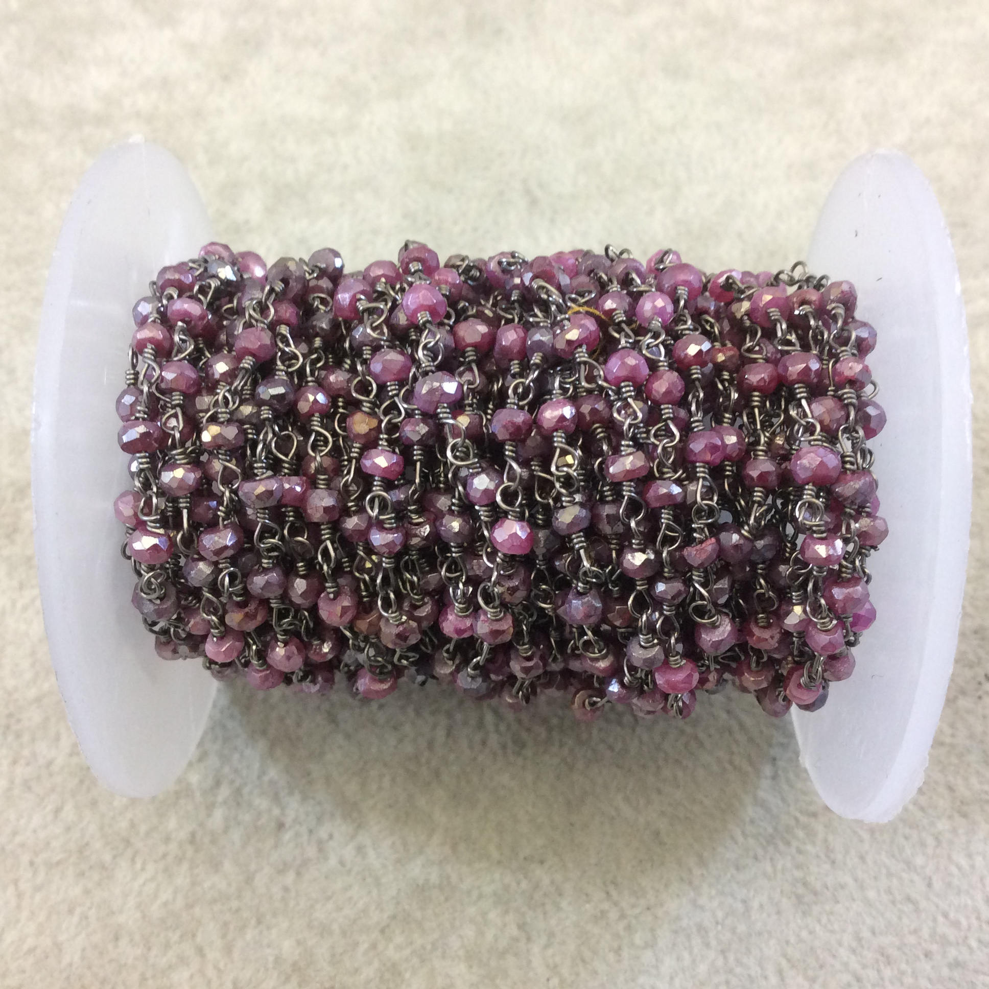 Gunmetal Plated Copper Rosary Chain with Faceted 3-4mm Rondelle Shape Mystic Coated Magenta Quartz Beads - Sold by the Foot (CH153-GM)