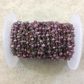 Gunmetal Plated Copper Rosary Chain with Faceted 3-4mm Rondelle Shape Mystic Coated Magenta Quartz Beads - Sold by the Foot (CH153-GM)