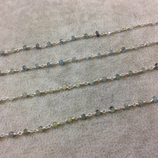 Silver Plated Copper Rosary Chain with Faceted 3-4mm Rondelle Shape Mystic Coated Gray Green Moss Aquamarine Beads - Sold Per Foot CH155-SV