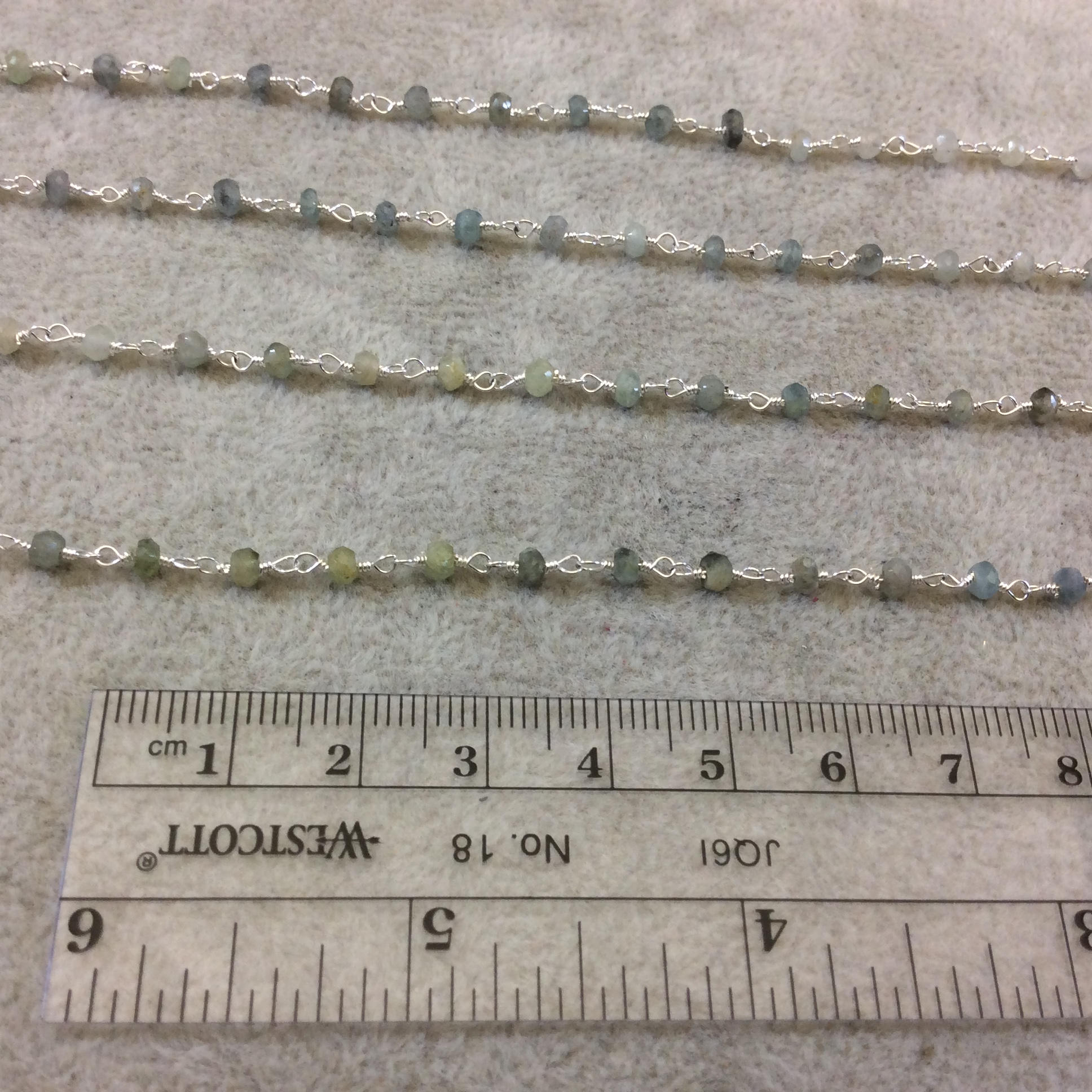Silver Plated Copper Rosary Chain with Faceted 3-4mm Rondelle Shape Mystic Coated Gray Green Moss Aquamarine Beads - Sold Per Foot CH155-SV