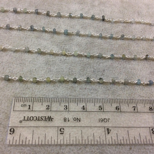 Silver Plated Copper Rosary Chain with Faceted 3-4mm Rondelle Shape Mystic Coated Gray Green Moss Aquamarine Beads - Sold Per Foot CH155-SV