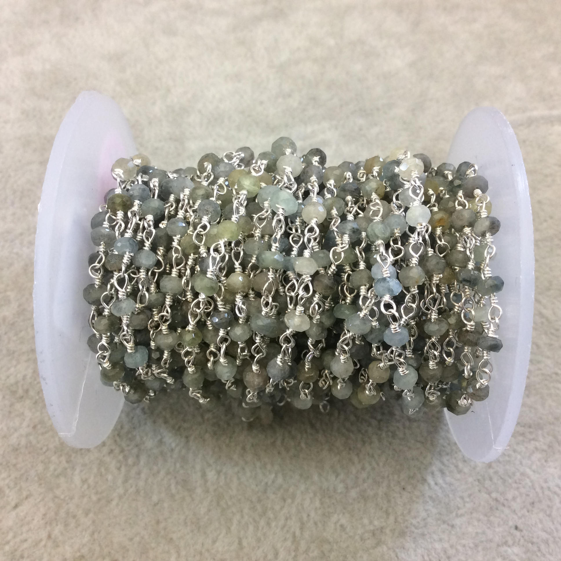 Silver Plated Copper Rosary Chain with Faceted 3-4mm Rondelle Shape Mystic Coated Gray Green Moss Aquamarine Beads - Sold Per Foot CH155-SV