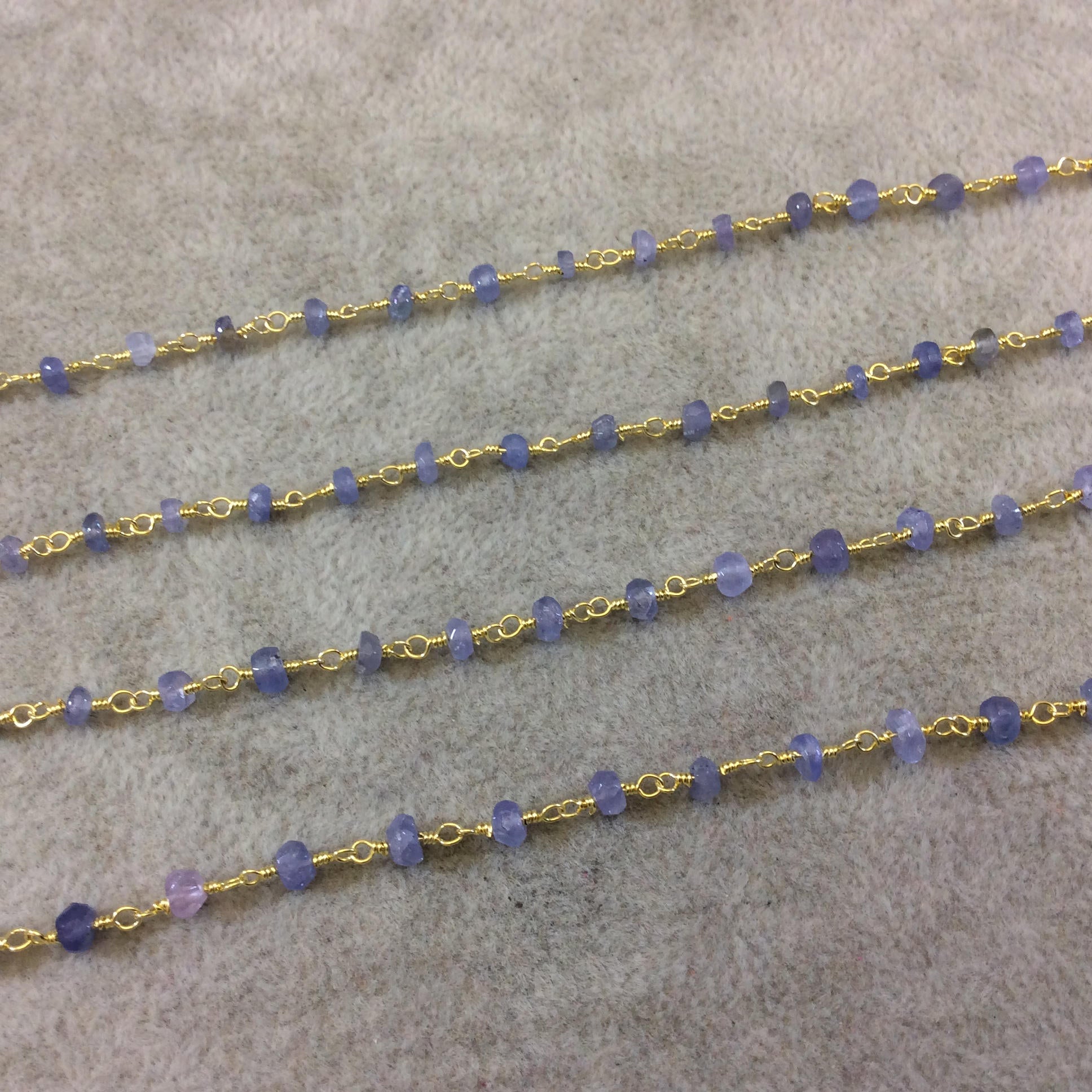 Gold Plated Copper Rosary Chain with Faceted 3-4mm Rondelle Shape Mystic Coated Gray Blue Tanzanite Beads - Sold by the Foot (CH154-GD)