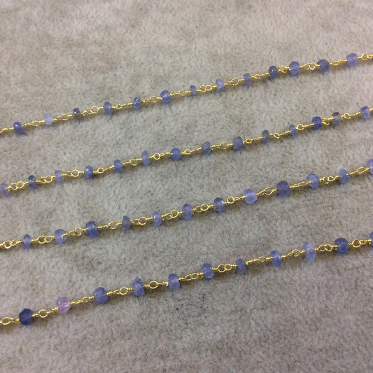 Gold Plated Copper Rosary Chain with Faceted 3-4mm Rondelle Shape Mystic Coated Gray Blue Tanzanite Beads - Sold by the Foot (CH154-GD)
