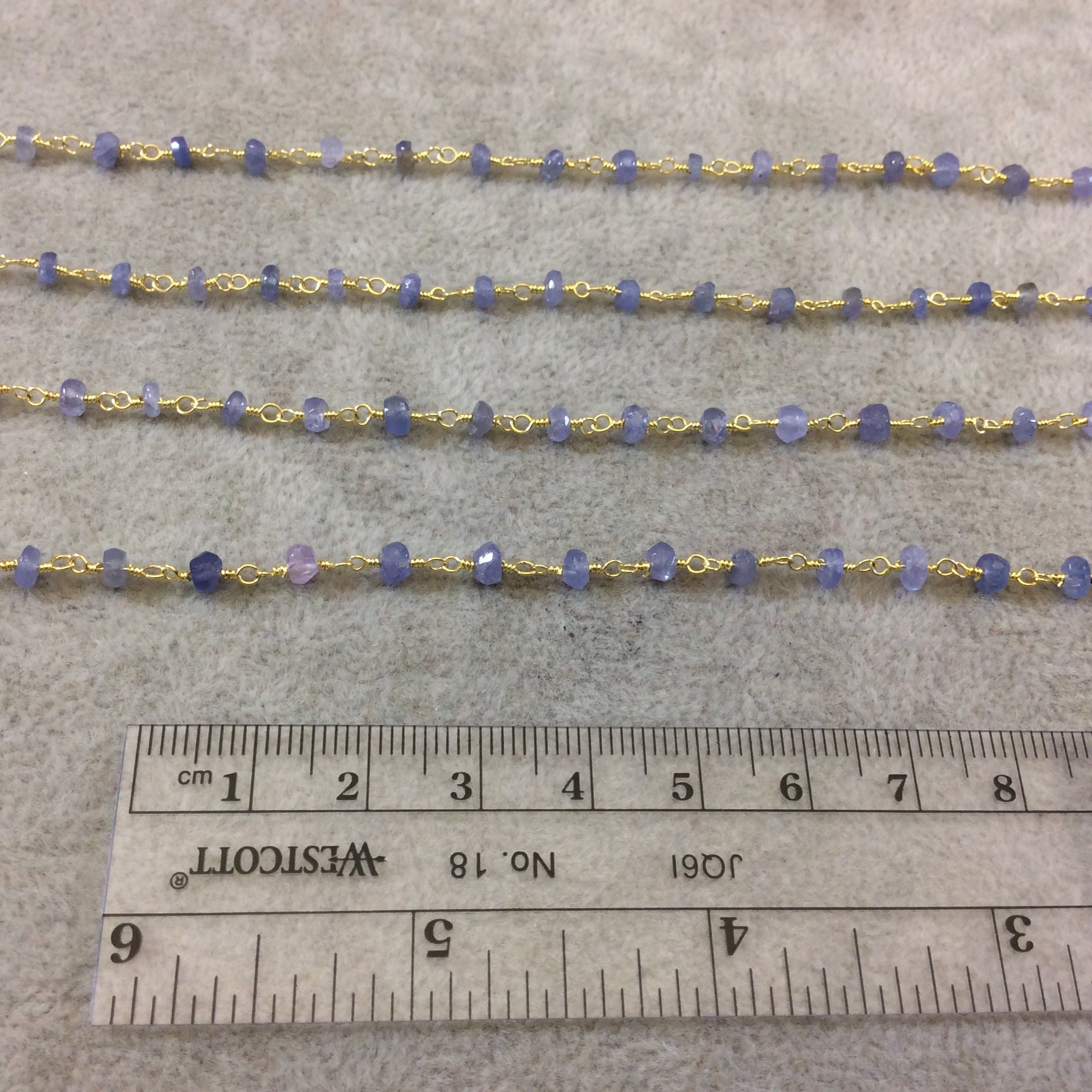 Gold Plated Copper Rosary Chain with Faceted 3-4mm Rondelle Shape Mystic Coated Gray Blue Tanzanite Beads - Sold by the Foot (CH154-GD)