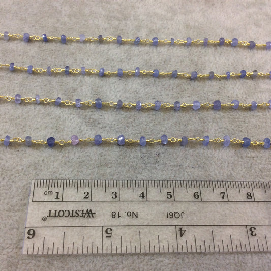 Gold Plated Copper Rosary Chain with Faceted 3-4mm Rondelle Shape Mystic Coated Gray Blue Tanzanite Beads - Sold by the Foot (CH154-GD)