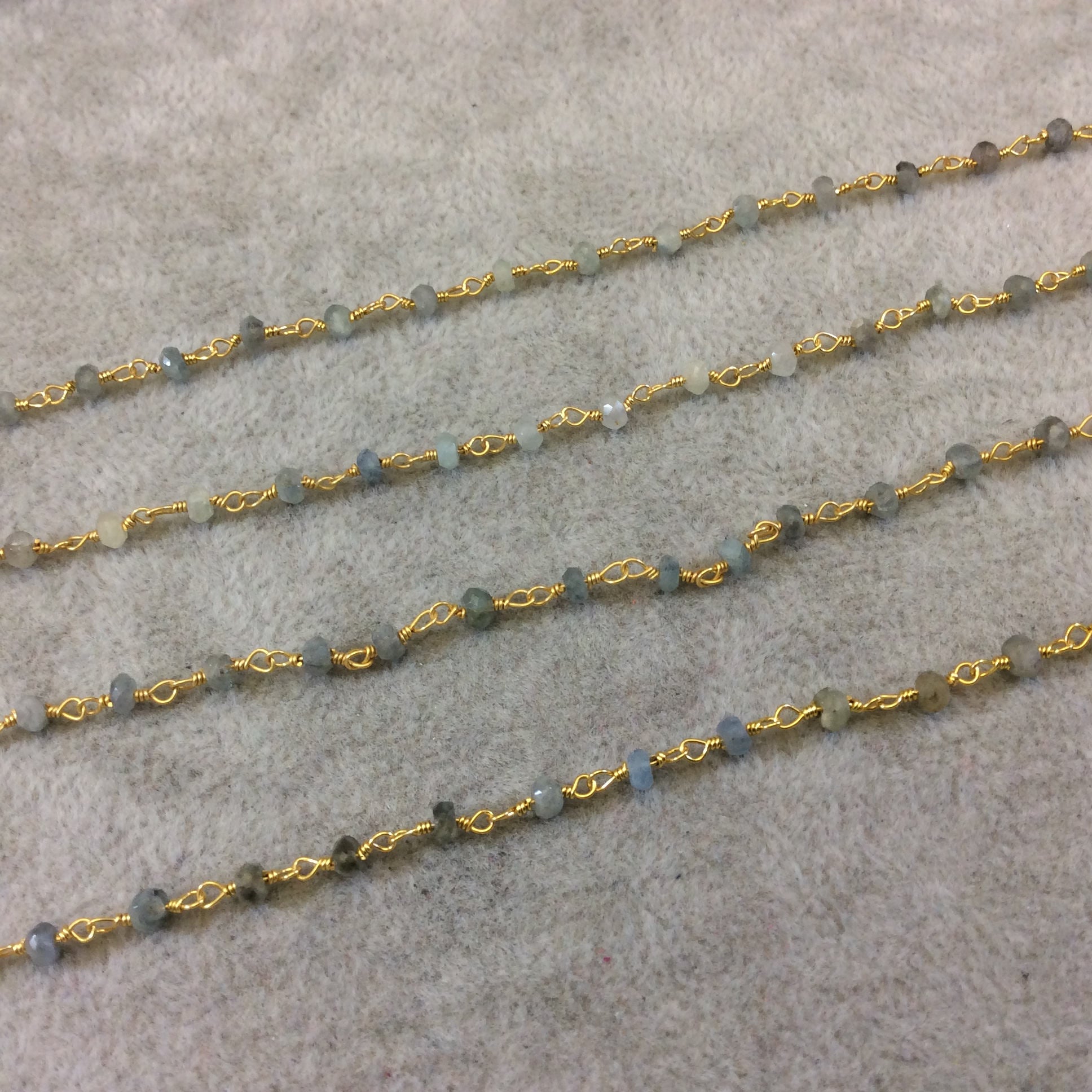 Gold Plated Copper Rosary Chain with Faceted 3-4mm Rondelle Shape Mystic Coated Gray Green Moss Aquamarine Beads - Sold Per Foot (CH155-GD)