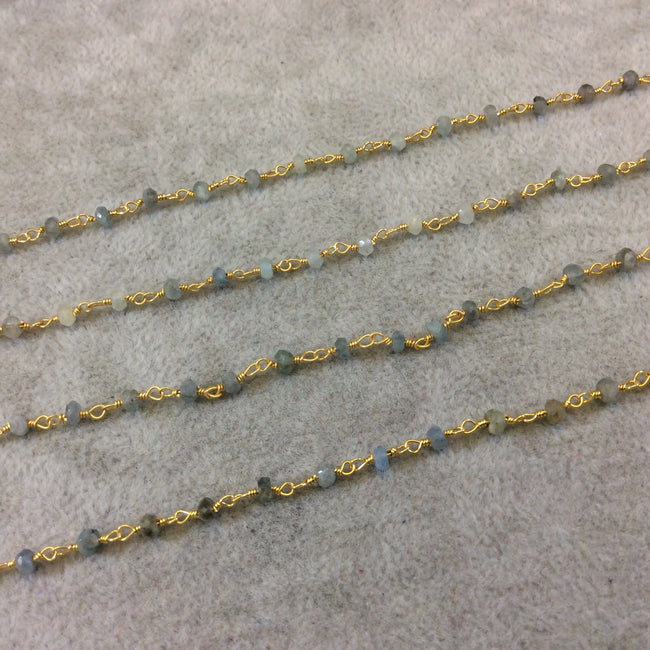 Gold Plated Copper Rosary Chain with Faceted 3-4mm Rondelle Shape Mystic Coated Gray Green Moss Aquamarine Beads - Sold Per Foot (CH155-GD)
