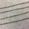 Gunmetal Plated Copper Rosary Chain w/ Faceted 3-4mm Rondelle Shape Mystic Coated Gray Green Moss Aquamarine Beads - Sold Per Foot CH155-GD