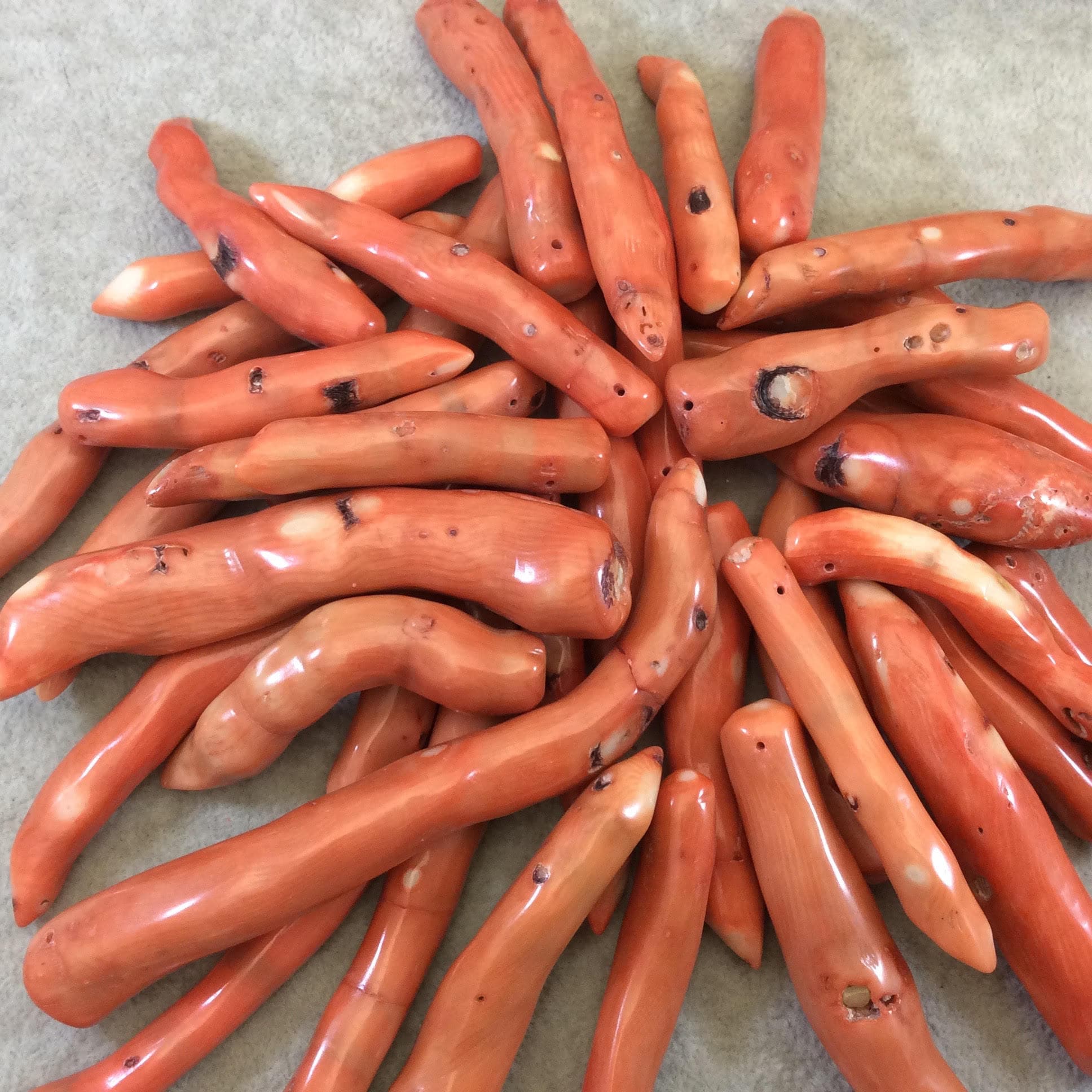 50-100mm Top Drilled Finger Shaped Orange-Red Natural Coral Beads - Packs Of 5