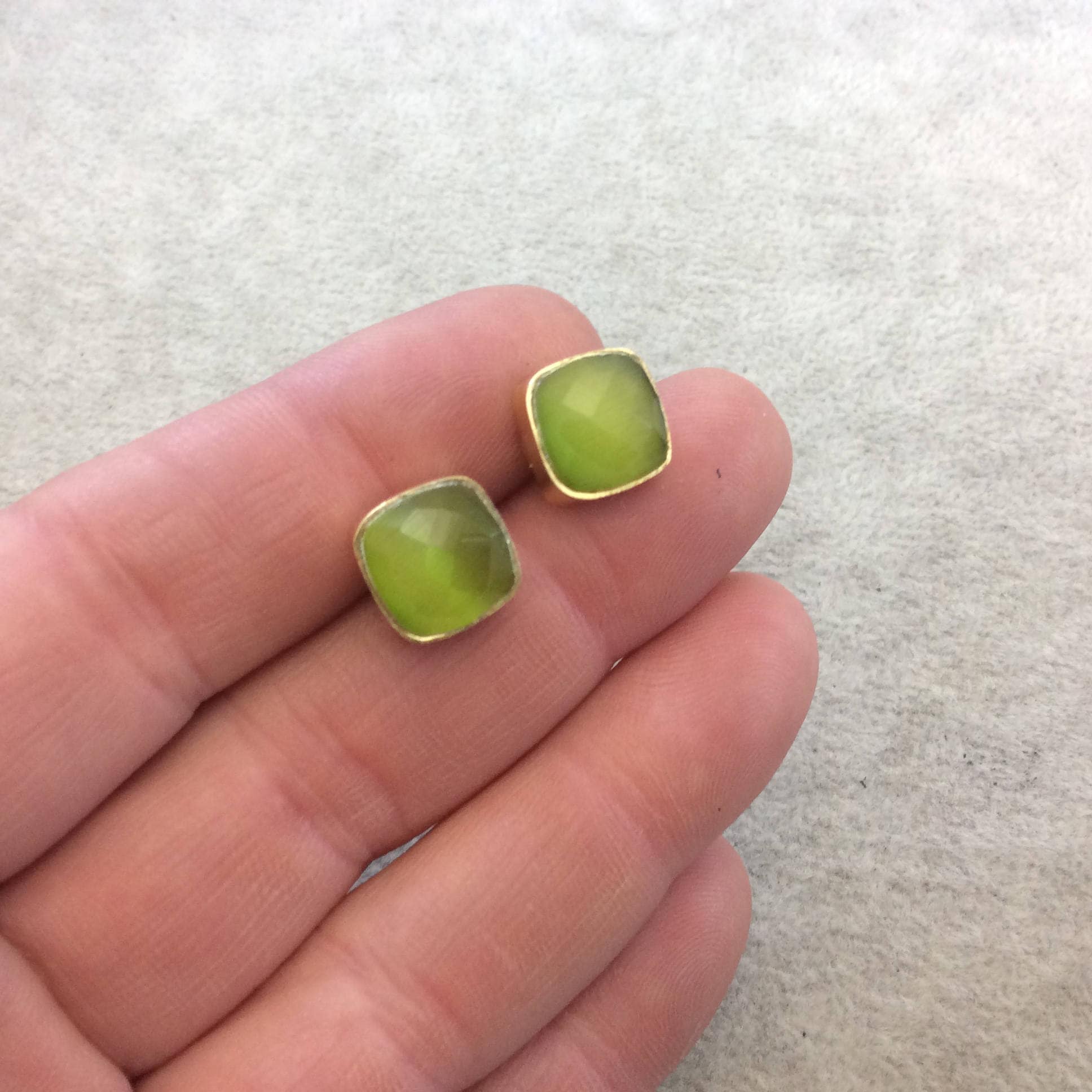 One Pair of Lime Green Synthetic Cat's Eye Square Shaped Gold Plated Stud Earrings with NO ATTACHED Jump Rings - Measuring 10mm x 10mm