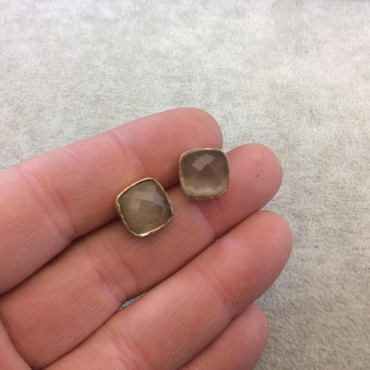 One Pair of Putty Brown Synthetic Cat's Eye Square Shaped Gold Plated Stud Earrings with NO ATTACHED Jump Rings - Measuring 10mm x 10mm