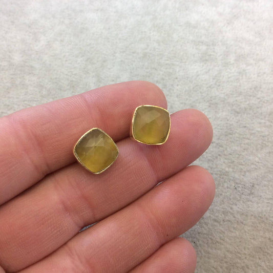 One Pair of Yellow Ochre Synthetic Cat's Eye Square Shaped Gold Plated Stud Earrings with NO ATTACHED Jump Rings - Measuring 10mm x 10mm