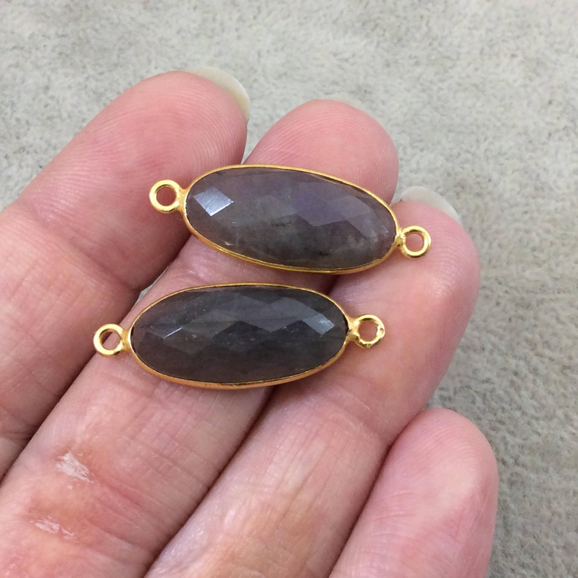Labradorite Bezel | Natural Gemstone | One Pair of OOAK Gold Plated Faceted Flat Back Oval/Oblong Shaped Pendants "P11"- Meas - 10mm x 22mm