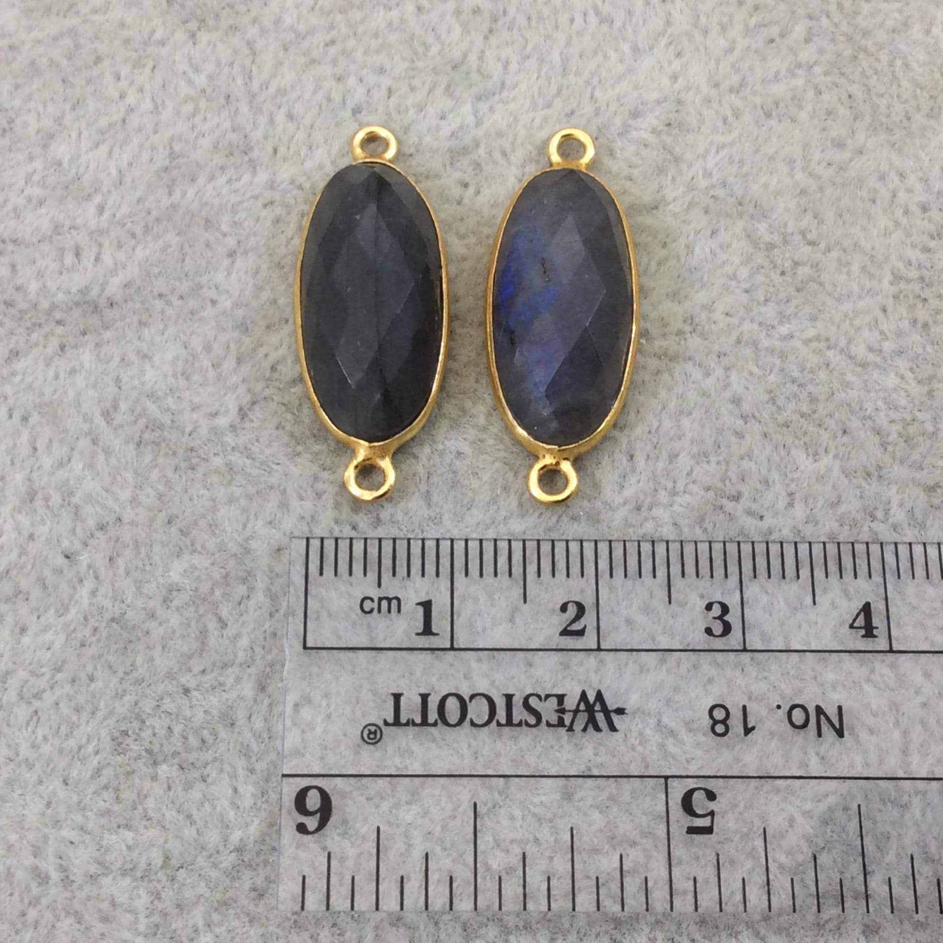Labradorite Bezel | Natural Gemstone | One Pair of OOAK Gold Plated Faceted Flat Back Oval/Oblong Shaped Pendants "P11"- Meas - 10mm x 22mm