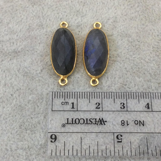 Labradorite Bezel | Natural Gemstone | One Pair of OOAK Gold Plated Faceted Flat Back Oval/Oblong Shaped Pendants "P11"- Meas - 10mm x 22mm