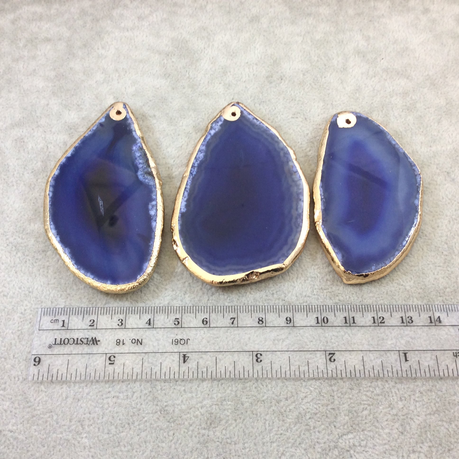 Gold Electroplated Freeform Dyed Banded Blue Agate Focal Pendant 70mm - 80mm Long, Approx. - Sold Individually  - Selected at Random