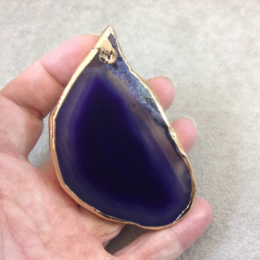 OOAK Large Gold Electroplated Freeform Dyed Banded Blue Agate Focal Pendant "H"  ~ 48mm x 83mm, Approx. - Sold Individually